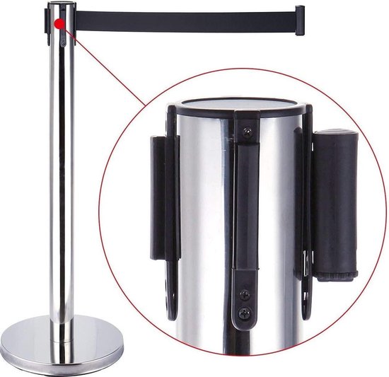 Professionele afzetpaal matzwart of verchroomd RVS – 2,30 m uittrekbare riem - Afbeelding 7